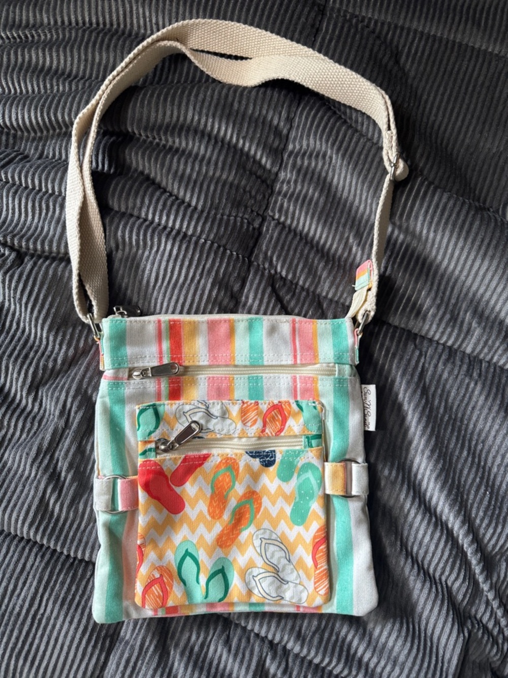Striped and Sandals Summery Multicolor Canvas Crossbody Bag - Mint & Coral